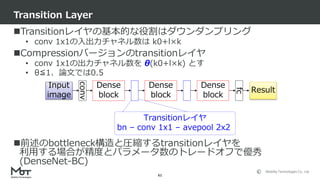 Mobility Technologies Co., Ltd.
Transitionレイヤの基本的な役割はダウンダンプリング
• conv 1x1の入出力チャネル数は k0+l×k
Compressionバージョンのtransitionレイヤ
• conv 1x1の出力チャネル数を θ(k0+l×k) とす
• θ≦1、論文では0.5
前述のbottleneck構造と圧縮するtransitionレイヤを
利用する場合が精度とパラメータ数のトレードオフで優秀
(DenseNet-BC)
Transition Layer
61
conv
Dense
block
Dense
block
Dense
block
fc
Input
image
Result
Transitionレイヤ
bn – conv 1x1 – avepool 2x2
 