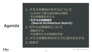 Mobility Technologies Co., Ltd.
62
1. クラス分類向けモデルについて
• ILSVRCで振り返る進化の歴史
• その他重要なモデル
• モデルの自動設計
(Neural Architecture Search)
2. モデルの高速化について
• 軽量モデル
• その他モデルの高速化手法
3. クラス分類以外のタスクにおけるモデル
4. おまけ
Agenda
 