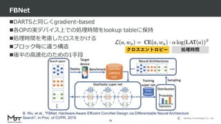 Mobility Technologies Co., Ltd.
DARTSと同じくgradient-based
各OPの実デバイス上での処理時間をlookup tableに保持
処理時間を考慮したロスをかける
ブロック毎に違う構造
後半の高速化のための1手段
FBNet
75
B. Wu, et al., "FBNet: Hardware-Aware Efficient ConvNet Design via Differentiable Neural Architecture
Search", in Proc. of CVPR, 2019.
クロスエントロピー 処理時間
 