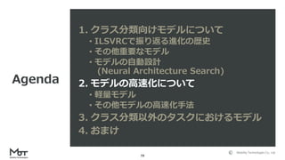 Mobility Technologies Co., Ltd.
79
1. クラス分類向けモデルについて
• ILSVRCで振り返る進化の歴史
• その他重要なモデル
• モデルの自動設計
(Neural Architecture Search)
2. モデルの高速化について
• 軽量モデル
• その他モデルの高速化手法
3. クラス分類以外のタスクにおけるモデル
4. おまけ
Agenda
 