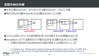 Mobility Technologies Co., Ltd.
大きな畳み込みカーネルを小さな畳み込みカーネルに分解
例えば5x5の畳み込みを3x3の畳み込み2つに分解
これらは同じサイズの受容野を持つが分解すると計算量は25:18
Inception-v2*では最初の7x7畳み込みを3x3畳み込み3つに分解
• 以降のSENetやShuffleNetV2等の実装でも利用されている**
空間方向の分解
88
特徴マップ
conv5x5 conv3x3 - conv3x3
* C. Szegedy, et al., "Rethinking the Inception Architecture for Computer Vision," in Proc. of CVPR, 2016.
** T. He, et al., "Bag of Tricks for Image Classification with Convolutional Neural Networks," in Proc. of
CVPR, 2019.
 