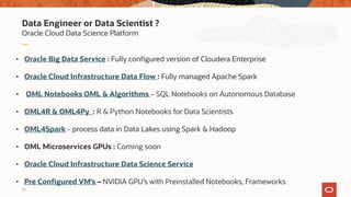 Data Engineer or Data Scientist ?
10
Oracle Cloud Data Science Platform
• Oracle Big Data Service : Fully configured versi...