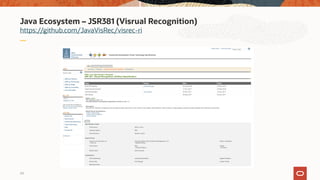 Java Ecosystem – JSR381 (Visrual Recognition)
24
https://github.com/JavaVisRec/visrec-ri
 
