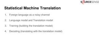 Statistical Machine Translation
1. Foreign language as a noisy channel
2. Language model and Translation model
3. Training (building the translation model)
4. Decoding (translating with the translation model)
 