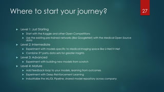 Where to start your journey?
 Level 1: Just Starting
 Start with the Kaggle and other Open Competitions
 Use the existing pre-trained networks (like GoogleNet) with the Medical Open Source
data
 Level 2: Intermediate
 Experiment with models specific to Medical Imaging space like U-Net/V-Net
 Combine 3rd party data sets for greater insights
 Level 3: Advanced
 Experiment with building new models from scratch
 Level 4: Mature
 Add feedback loop to your models, learning from outcomes
 Experiment with Deep Reinforcement Learning
 Industrialize the ML/DL Pipeline, shared model repository across company
27
 