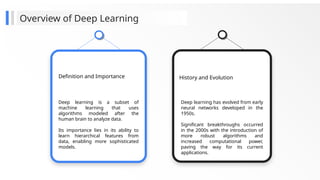 Definition and Importance
Deep learning is a subset of
machine learning that uses
algorithms modeled after the
human brain to analyze data.
Its importance lies in its ability to
learn hierarchical features from
data, enabling more sophisticated
models.
History and Evolution
Deep learning has evolved from early
neural networks developed in the
1950s.
Significant breakthroughs occurred
in the 2000s with the introduction of
more robust algorithms and
increased computational power,
paving the way for its current
applications.
Overview of Deep Learning
 