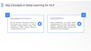 01
Neural Networks Architecture
Neural networks architecture refers to
the design and structure of neural
networks, including layers, nodes, and
connections, which enable learning
complex patterns in data.
Word Embeddings
Word embeddings are dense vector
representations of words that capture
semantic meanings and relationships,
allowing models to better process and
understand natural language.
02
Key Concepts in Deep Learning for NLP
 