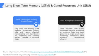 Long Short- Term Memory (LSTM)
networks incorporated memory
cells and gates, effectively
managing long- term dependencies
and combating the vanishing
gradient challenge in traditional
RNNs.
Gated Recurrent Units (GRUs)
streamlined the LSTM architecture
by combining forget and input
gates into a single update gate,
maintaining performance while
increasing computational
efficiency.
LSTM: Addressing the Vanishing
Gradient Problem
GRU: A Simplified Alternative
Long Short Term Memory (LSTM) & Gated Recurrent Unit (GRU)
Sequence to Sequence Learning with Neural Networks (https://proceedings.neurips.cc/paper_files/paper/2014/file/5a18e133cbf9f257297f410bb7eca942-Paper.pdf) (2014)
Neural Machine Translation by Jointly Learning to Align and Translate (https://arxiv.org/abs/1409.0473) 2014
 