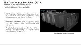 The Transformer Revolution (2017)
(Attention Is All You Need- https://arxiv.org/abs/1706.03762)
Parallelization and Self-Attention
• Self-Attention Mechanism: Allows each token
to attend to all others, capturing context across
entire sequences without recurrence.
• Positional Encoding: Injects sequence order
into the model since transformers lack
recurrence.
• Parallelization Advantage: Enables efficient
training by processing all input tokens
simultaneously, unlike RNNs.
https://www.youtube.com/watch?v=wjZofJX0v4M
 