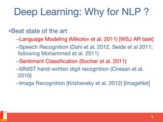 Deep Learning: Why for NLP ?
• Beat state of the art
– Language Modeling (Mikolov et al. 2011) [WSJ AR task]
– Speech Recognition (Dahl et al. 2012, Seide et al 2011; 
following Mohammed et al. 2011)
– Sentiment Classiﬁcation (Socher et al. 2011)
– MNIST hand-written digit recognition (Ciresan et al. 
2010)
– Image Recognition (Krizhevsky et al. 2012) [ImageNet] 
 

5	
  
 