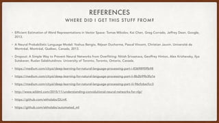 WHERE DID I GET THIS STUFF FROM?
REFERENCES
• Efficient Estimation of Word Representations in Vector Space: Tomas Mikolov, Kai Chen, Greg Corrado, Jeffrey Dean. Google,
2013.
• A Neural Probabilistic Language Model: Yoshua Bengio, Réjean Ducharme, Pascal Vincent, Christian Jauvin. Université de
Montréal, Montréal, Québec, Canada, 2013.
• Dropout: A Simple Way to Prevent Neural Networks from Overfitting: Nitish Srivastava, Geoffrey Hinton, Alex Krizhevsky, Ilya
Sutskever, Ruslan Salakhutdinov. University of Toronto, Toronto, Ontario, Canada.
• https://medium.com/cityai/deep-learning-for-natural-language-processing-part-i-8369895ffb98
• https://medium.com/cityai/deep-learning-for-natural-language-processing-part-ii-8b2b99b3fa1e
• https://medium.com/cityai/deep-learning-for-natural-language-processing-part-iii-96cfc6acfcc3
• http://www.wildml.com/2015/11/understanding-convolutional-neural-networks-for-nlp/
• https://github.com/ekholabs/DLinK
• https://github.com/ekholabs/automated_ml
 