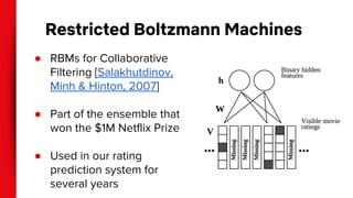 Restricted Boltzmann Machines
● RBMs for Collaborative
Filtering [Salakhutdinov,
Minh & Hinton, 2007]
● Part of the ensemble that
won the $1M Netflix Prize
● Used in our rating
prediction system for
several years
 