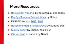 More Resources
● RecSys 2017 tutorial by Karatzoglou and Hidasi
● RecSys Summer School slides by Hidasi
● DLRS Workshop 2016, 2017
● Recommenders Shallow/Deep by Sudeep Das
● Survey paper by Zhang, Yao & Sun
● GitHub repo of papers by Nandi
 