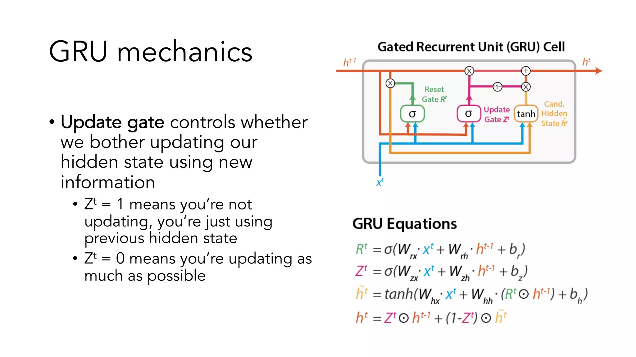 GRU mechanics
• Update gate controls whether
we bother updating our
hidden state using new
information
• Zt = 1 means you’re not
updating, you’re just using
previous hidden state
• Zt = 0 means you’re updating as
much as possible
 