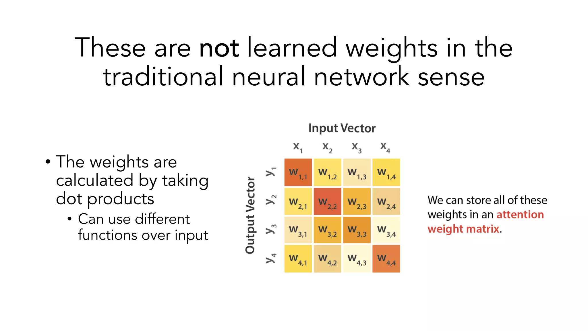These are not learned weights in the
traditional neural network sense
• The weights are
calculated by taking
dot products
• Can use different
functions over input
 