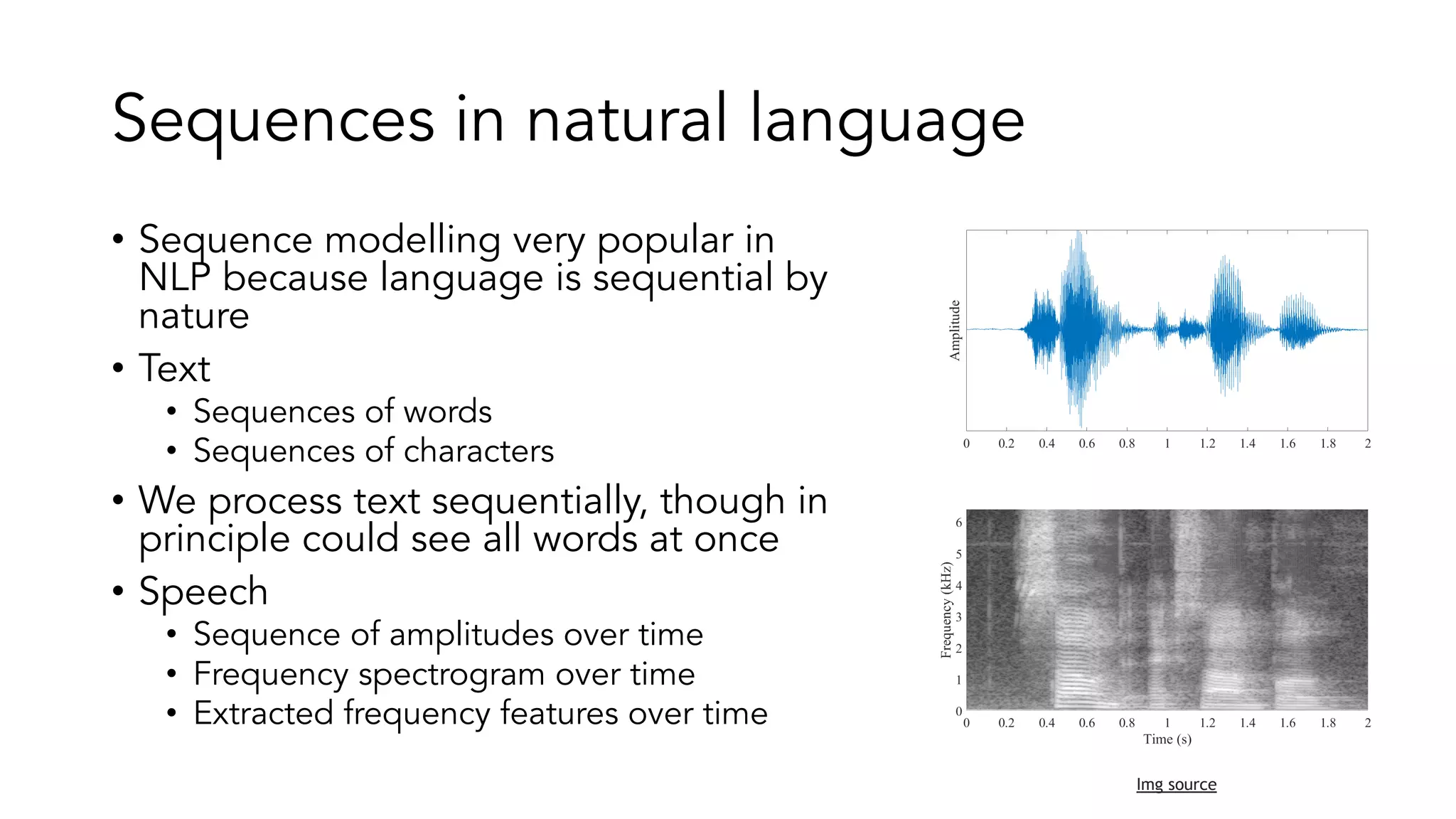 Sequences in natural language
• Sequence modelling very popular in
NLP because language is sequential by
nature
• Text
• Sequences of words
• Sequences of characters
• We process text sequentially, though in
principle could see all words at once
• Speech
• Sequence of amplitudes over time
• Frequency spectrogram over time
• Extracted frequency features over time
Img source
 