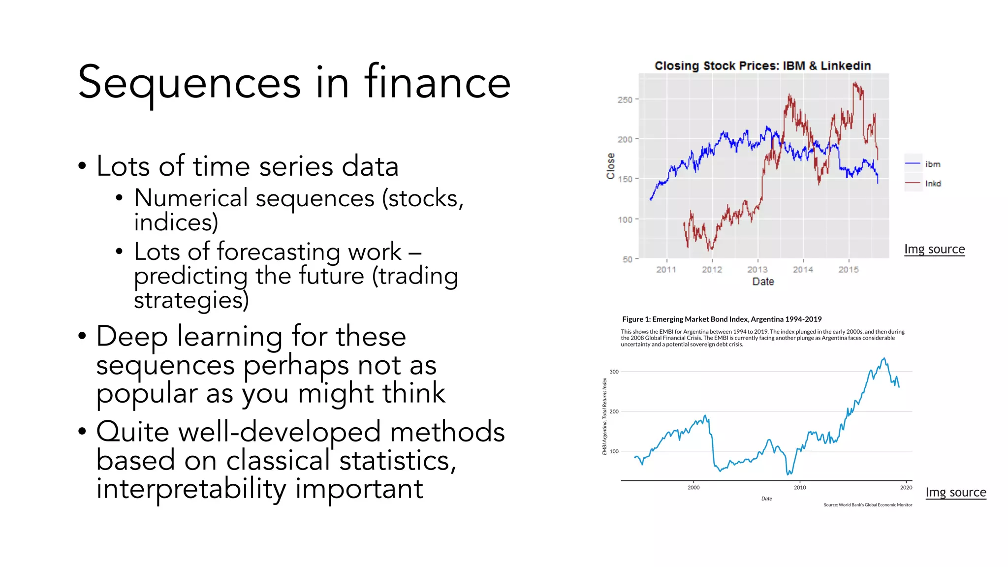 Sequences in finance
• Lots of time series data
• Numerical sequences (stocks,
indices)
• Lots of forecasting work –
predicting the future (trading
strategies)
• Deep learning for these
sequences perhaps not as
popular as you might think
• Quite well-developed methods
based on classical statistics,
interpretability important
Img source
Img source
 