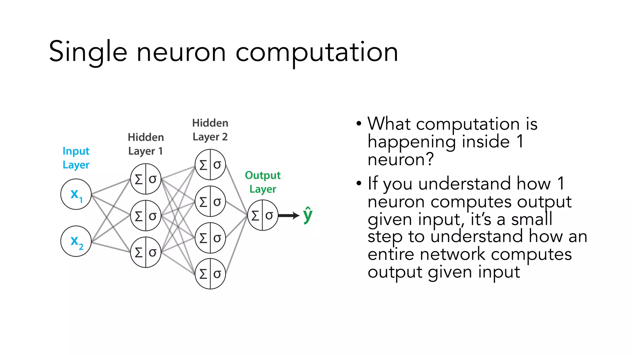 Single neuron computation
• What computation is
happening inside 1
neuron?
• If you understand how 1
neuron computes output
given input, it’s a small
step to understand how an
entire network computes
output given input
 