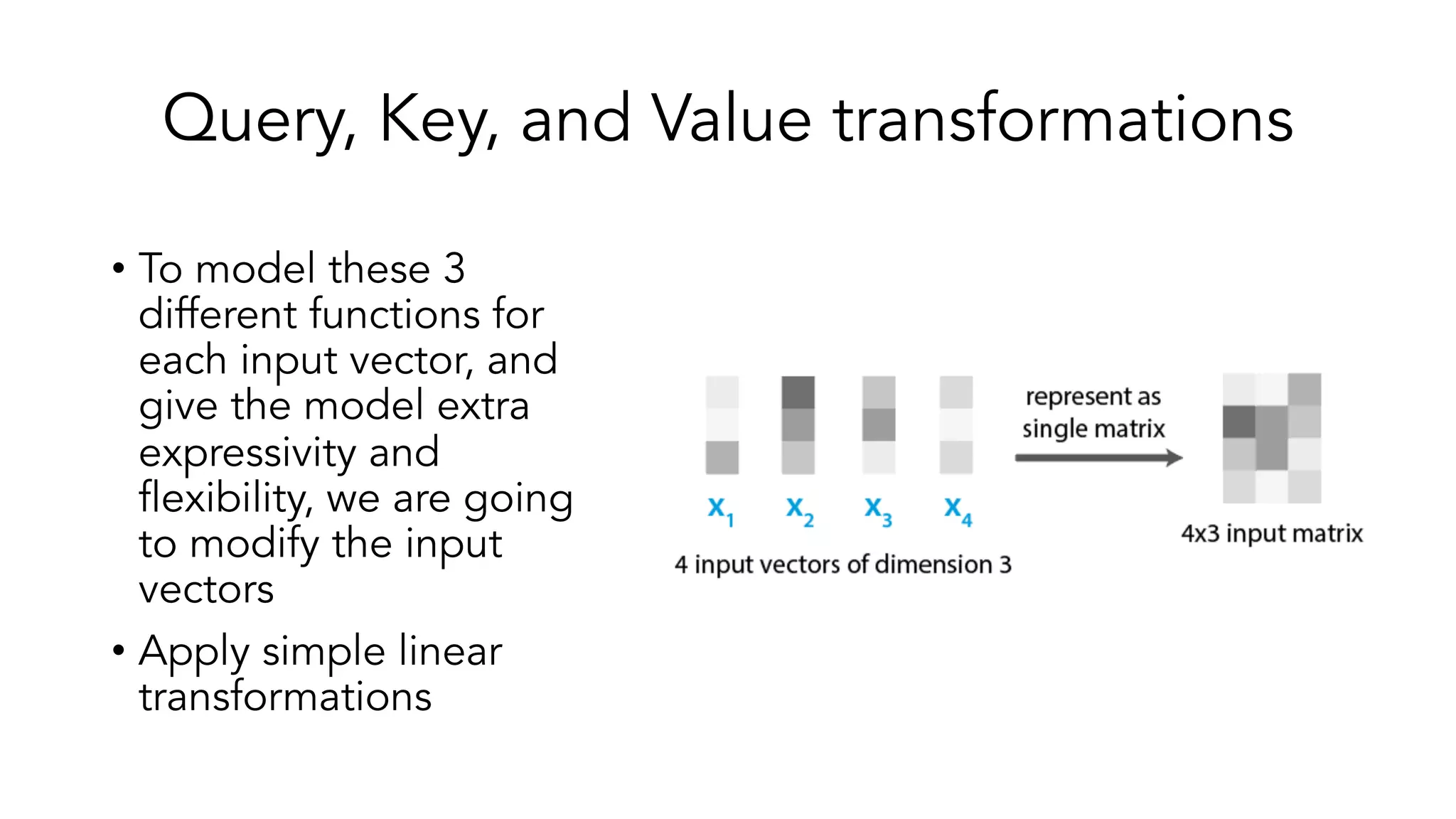Query, Key, and Value transformations
• To model these 3
different functions for
each input vector, and
give the model extra
expressivity and
flexibility, we are going
to modify the input
vectors
• Apply simple linear
transformations
 