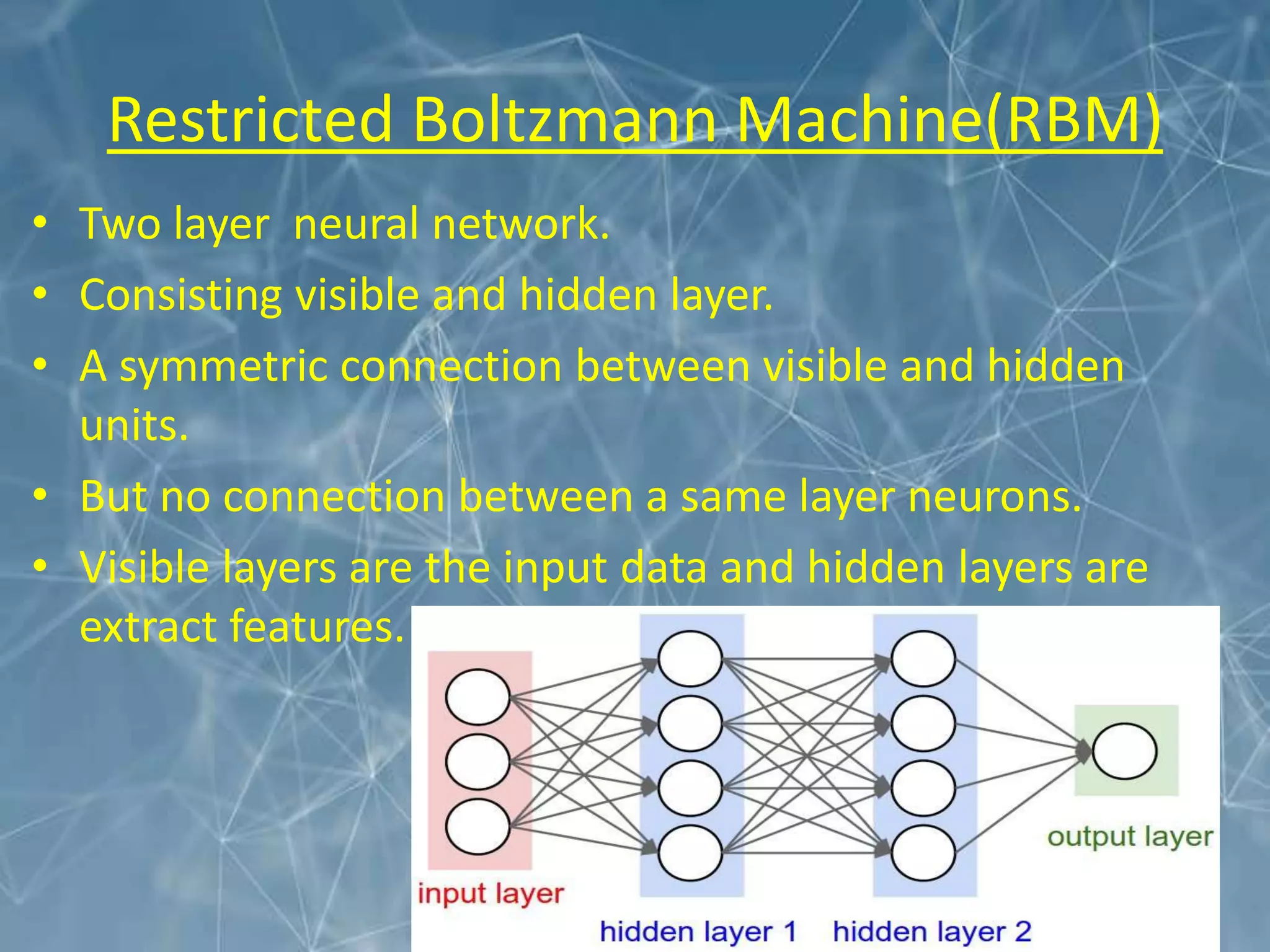 Restricted Boltzmann Machine(RBM)
• Two layer neural network.
• Consisting visible and hidden layer.
• A symmetric connection between visible and hidden
units.
• But no connection between a same layer neurons.
• Visible layers are the input data and hidden layers are
extract features.
 