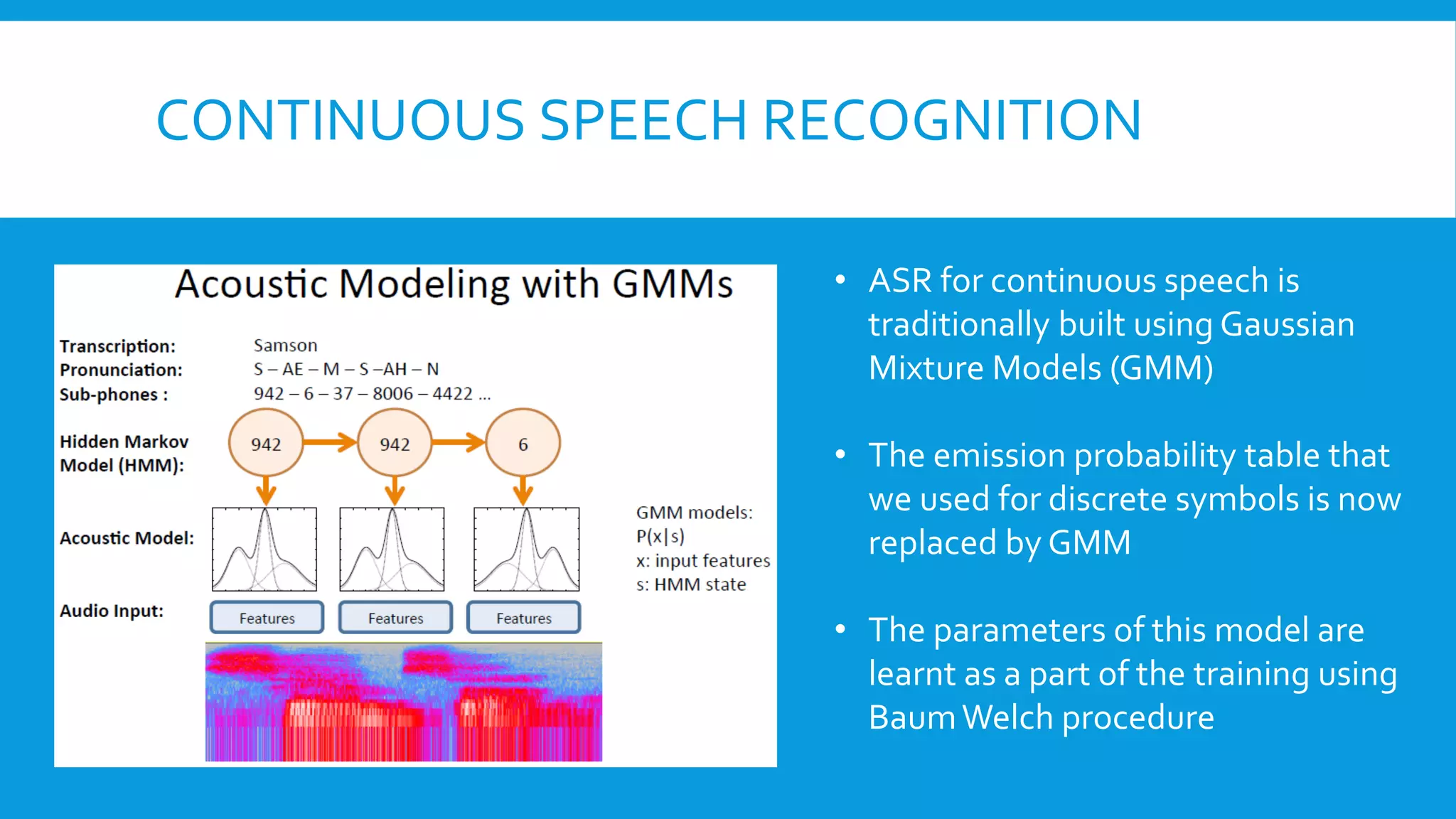 CONTINUOUS SPEECH RECOGNITION
• ASR for continuous speech is
traditionally built using Gaussian
Mixture Models (GMM)
• The emission probability table that
we used for discrete symbols is now
replaced by GMM
• The parameters of this model are
learnt as a part of the training using
BaumWelch procedure
 
