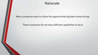 Rationale
Many companies want to utilize the opportunities big data science brings
These companies do not have sufficient capabilities to do so
 