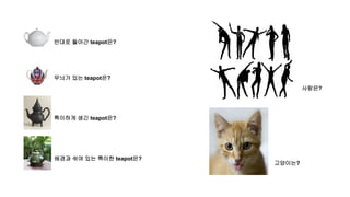 반대로 돌아간 teapot은?
무늬가 있는 teapot은?
특이하게 생긴 teapot은?
배경과 섞여 있는 특이한 teapot은?
사람은?
고양이는?
 