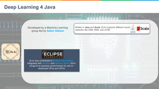 Deep Learning 4 Java
DL4J was contributed to Eclipse Foundation.
Integrated with Hadoop and Apache Spark, DL4J
brings AI to business environments for use on
distributed CPUs and GPUs
Written in Java and Scala, DL4J supports different neural
networks like CNN, RNN, and LSTM
Developed by a Machine Learning
group led by Adam Gibson
 