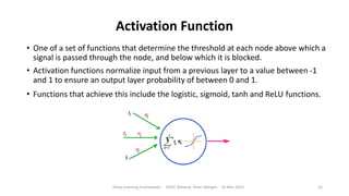 Activation Function
Deep Learning Frameworks ODSC Meetup Peter Morgan 16 Mar 2016 12
• One of a set of functions that determine the threshold at each node above which a
signal is passed through the node, and below which it is blocked.
• Activation functions normalize input from a previous layer to a value between -1
and 1 to ensure an output layer probability of between 0 and 1.
• Functions that achieve this include the logistic, sigmoid, tanh and ReLU functions.
 