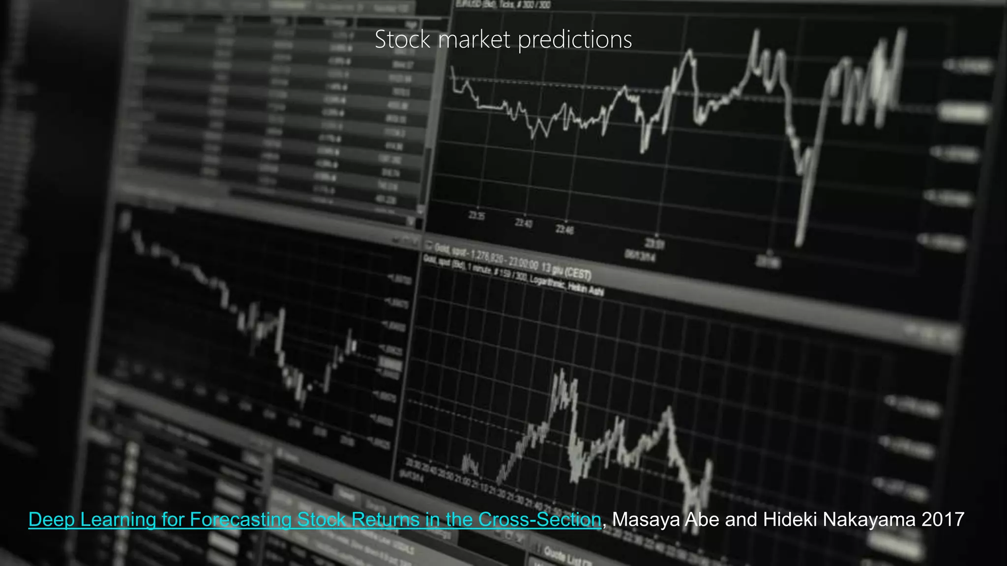 © 2017, Amazon Web Services, Inc. or its Affiliates. All rights reserved.
Stock market predictions
Deep Learning for Forecasting Stock Returns in the Cross-Section, Masaya Abe and Hideki Nakayama 2017
 