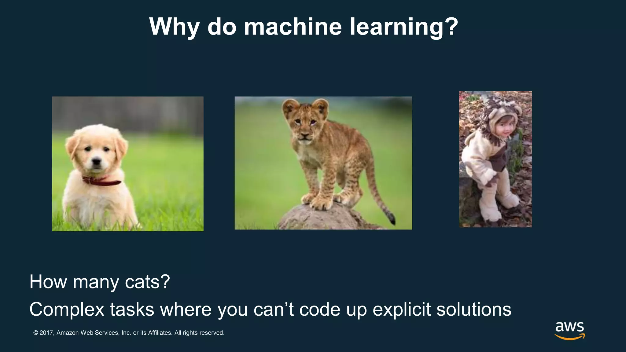 © 2017, Amazon Web Services, Inc. or its Affiliates. All rights reserved.
Why do machine learning?
How many cats?
Complex tasks where you can’t code up explicit solutions
 