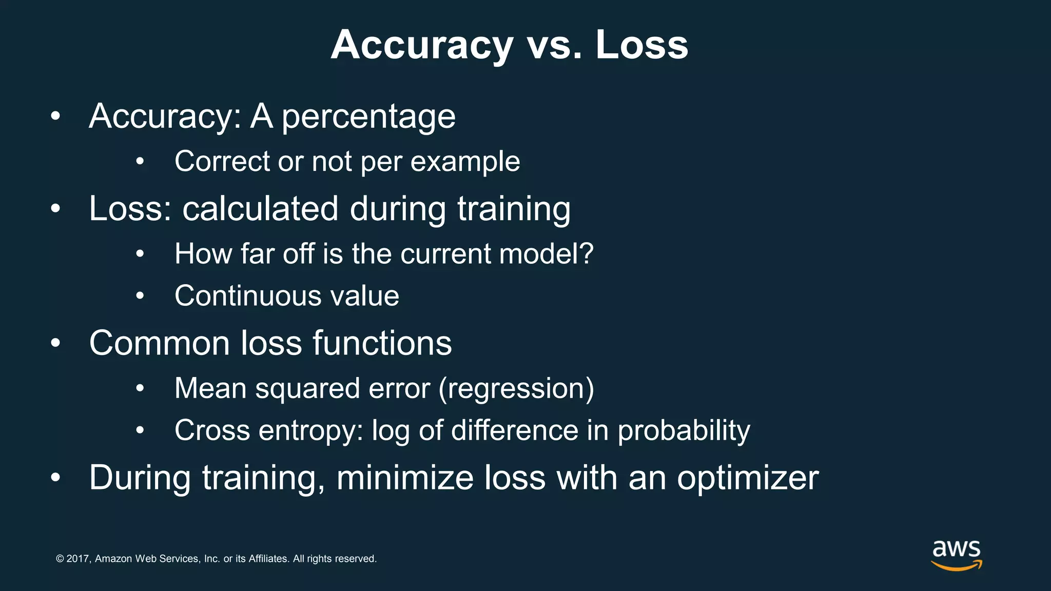 © 2017, Amazon Web Services, Inc. or its Affiliates. All rights reserved.
Accuracy vs. Loss
• Accuracy: A percentage
• Correct or not per example
• Loss: calculated during training
• How far off is the current model?
• Continuous value
• Common loss functions
• Mean squared error (regression)
• Cross entropy: log of difference in probability
• During training, minimize loss with an optimizer
 