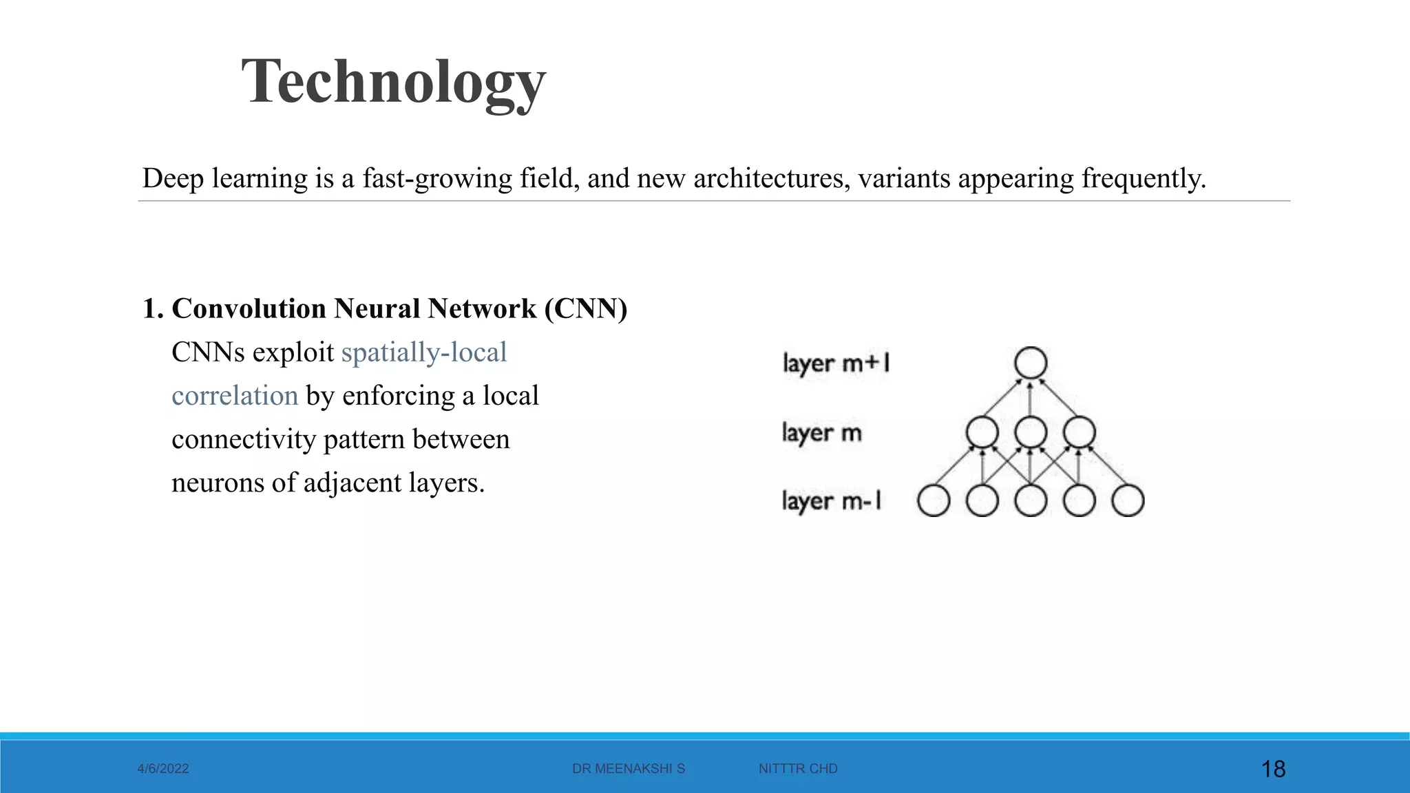 Technology
Deep learning is a fast-growing field, and new architectures, variants appearing frequently.
1. Convolution Neural Network (CNN)
CNNs exploit spatially-local
correlation by enforcing a local
connectivity pattern between
neurons of adjacent layers.
4/6/2022 DR MEENAKSHI S NITTTR CHD 18
 