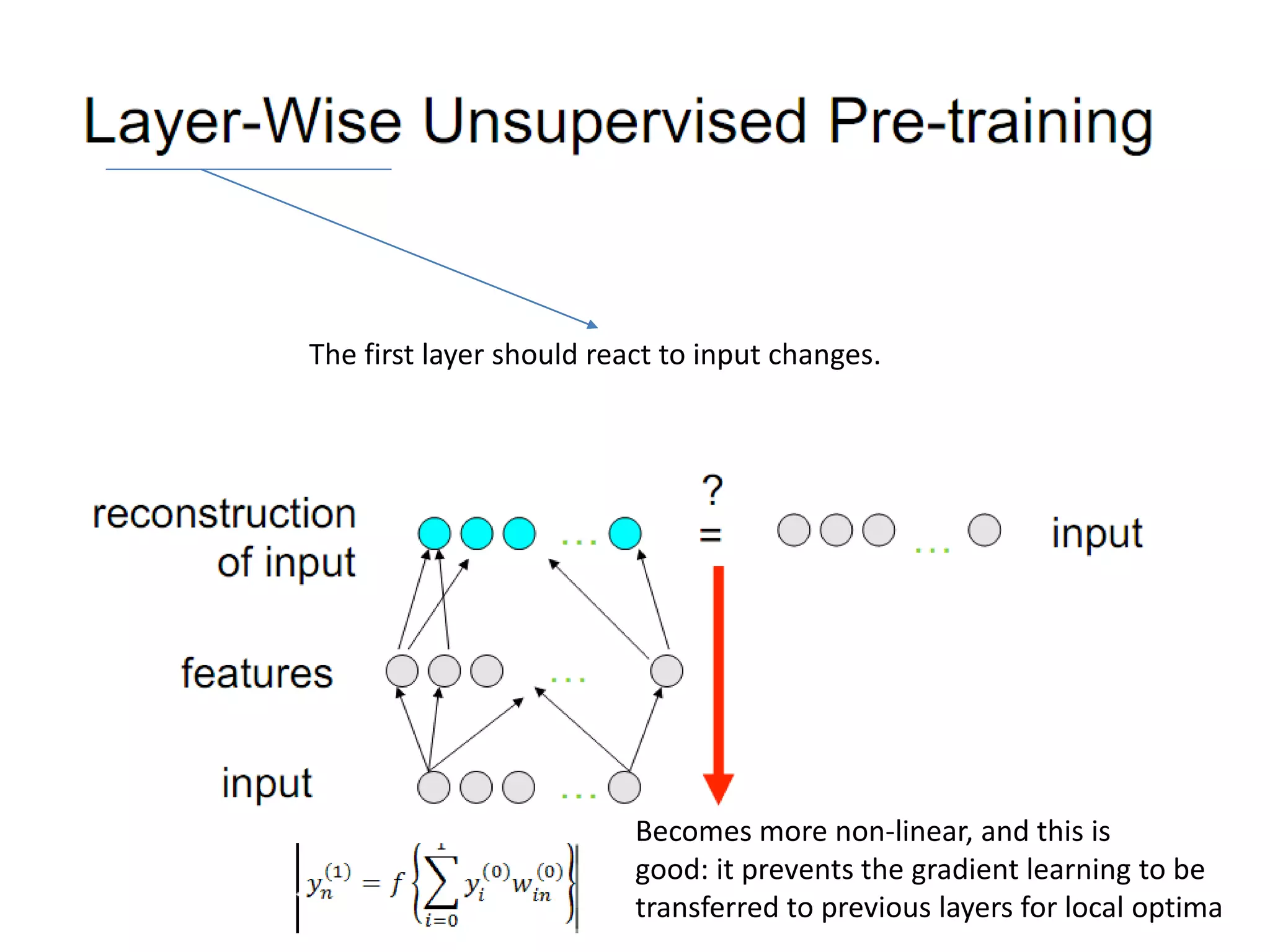 Becomes more non-linear, and this is
good: it prevents the gradient learning to be
transferred to previous layers for local optima
The first layer should react to input changes.
 