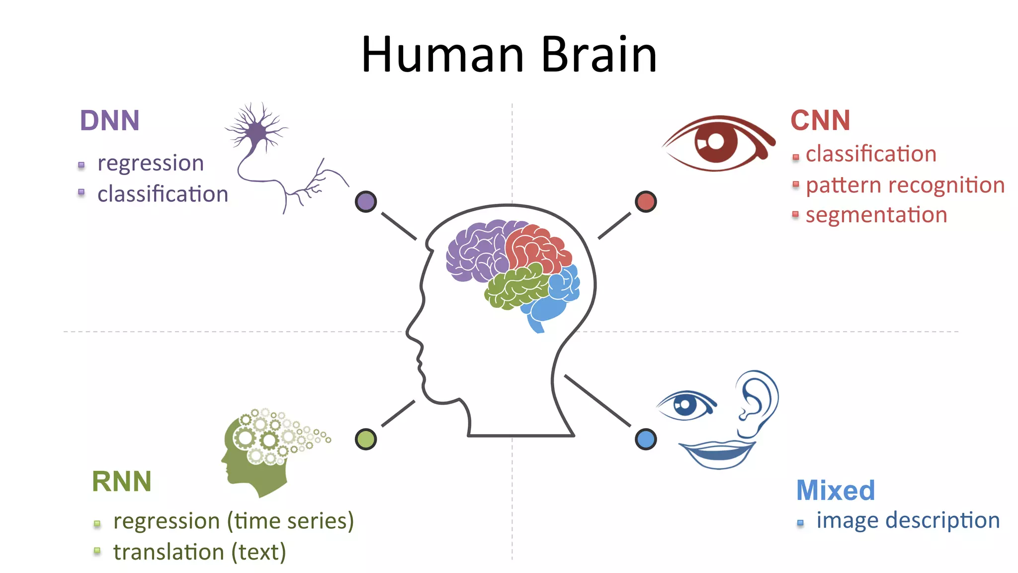Human	Brain	
DNN
RNN
CNN
Mixed
		
		regression	
		classiﬁcaGon	
		
		regression	(Gme	series)	
		translaGon	(text)	
	
		classiﬁcaGon	
		pa>ern	recogniGon	
		segmentaGon	
	
		
		image	descripGon	
 
