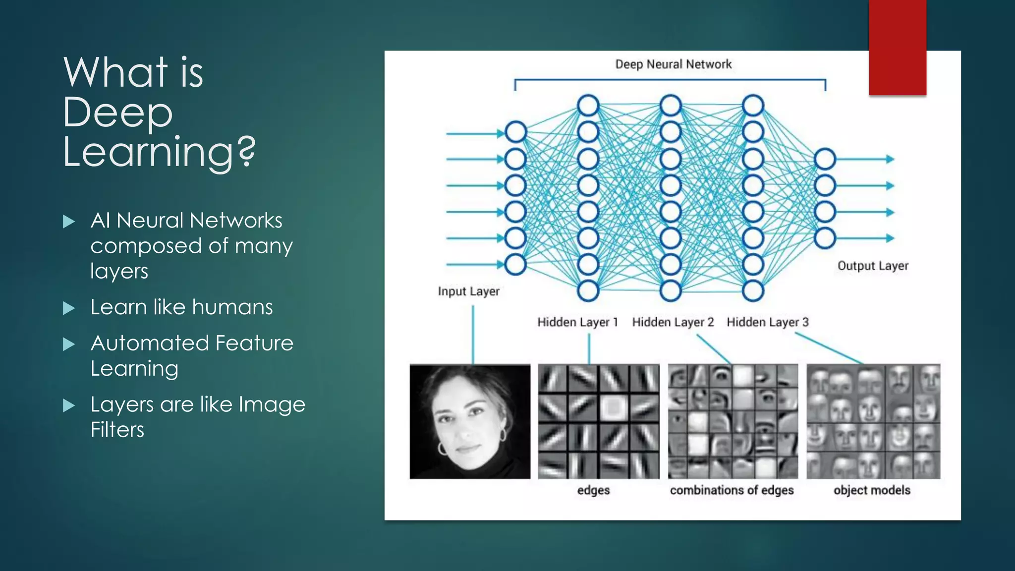 What is
Deep
Learning?
 AI Neural Networks
composed of many
layers
 Learn like humans
 Automated Feature
Learning
 Layers are like Image
Filters
 