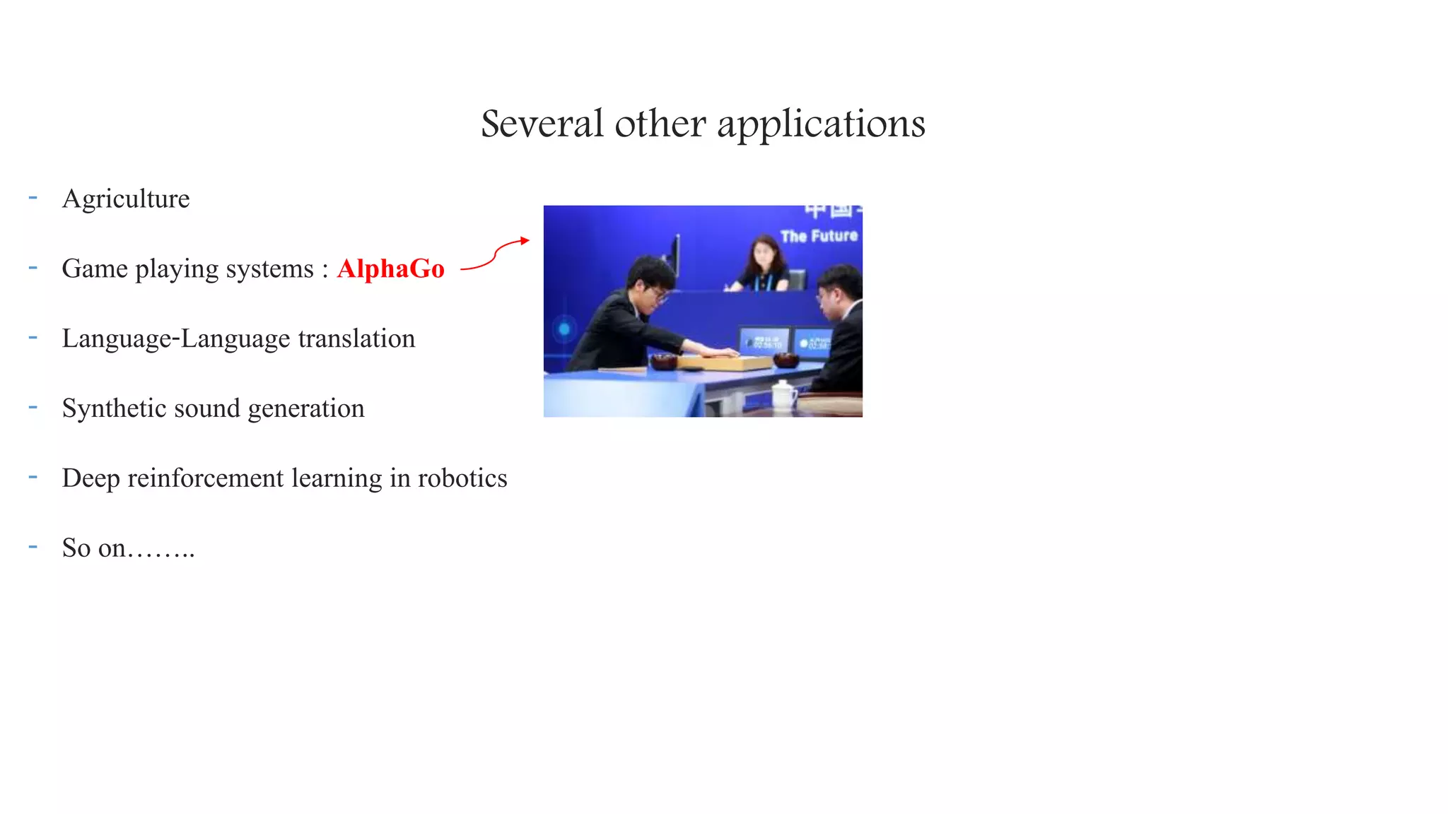 Several other applications
- Agriculture
- Game playing systems : AlphaGo
- Language-Language translation
- Synthetic sound generation
- Deep reinforcement learning in robotics
- So on……..
 