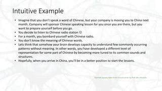 Intuitive Example
• Imagine that you don’t speak a word of Chinese, but your company is moving you to China next
month. Company will sponsor Chinese speaking lesson for you once you are there, but you
want to prepare yourself before you go.
• You decide to listen to Chinese radio station 
• For a month, you bombard yourself with Chinese radio.
• You don’t know the meaning of Chinese words.
• Lets think that somehow your brain develops capacity to understand few commonly occurring
patterns without meaning. In other words, you have developed a different level of
representation for some part of Chinese by becoming more tuned to its common sounds and
structures.
• Hopefully, when you arrive in China, you’ll be in a better position to start the lessons.
Example loosely taken from Lecture series by Prof. Abu Mustafa
 