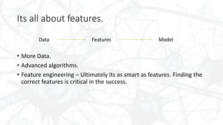 Its all about features.
• More Data.
• Advanced algorithms.
• Feature engineering – Ultimately its as smart as features. Finding the
correct features is critical in the success.
Data Features Model
 
