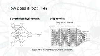 How does it look like?
1 layer hidden layer network Deep network
Biggest NN so far: ~10^4 neurons, ~10^8 connections
 