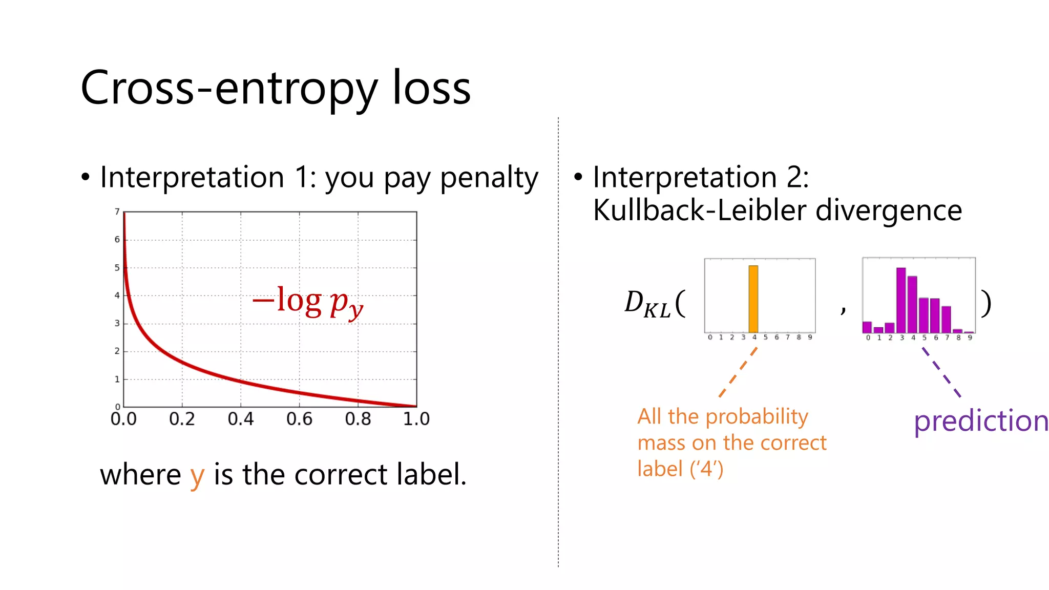 Cross-entropy loss
• Interpretation 1: you pay penalty
where y is the correct label.
• Interpretation 2:
Kullback-Leibler divergence
−log 𝑝𝑦 𝐷𝐾𝐿(𝑚𝑚𝑚𝑚𝑚𝑚, 𝑚𝑚𝑚𝑚𝑚)
All the probability
mass on the correct
label (‘4’)
prediction
 