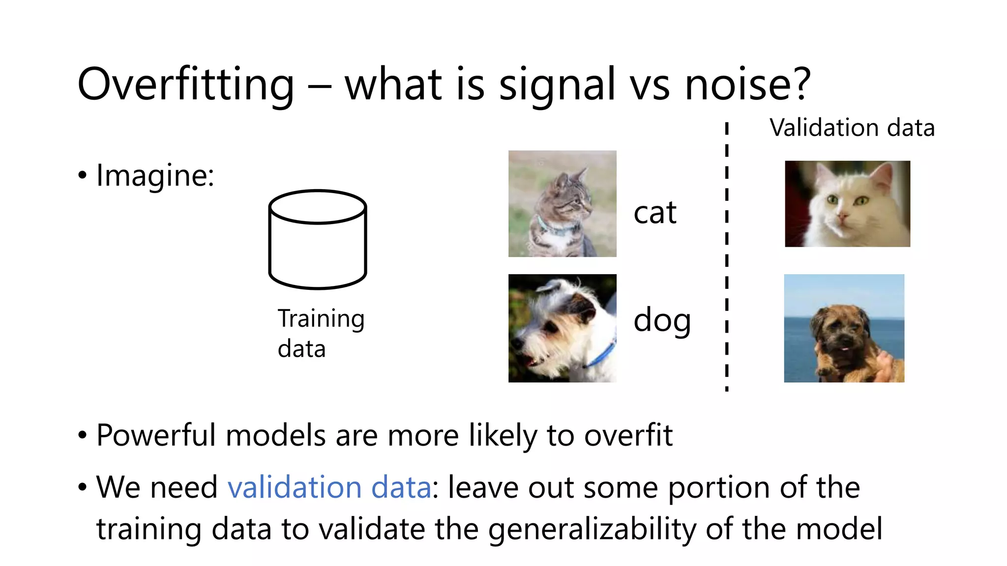 Overfitting – what is signal vs noise?
• Imagine:
• Powerful models are more likely to overfit
• We need validation data: leave out some portion of the
training data to validate the generalizability of the model
Training
data
cat
dog
Validation data
 