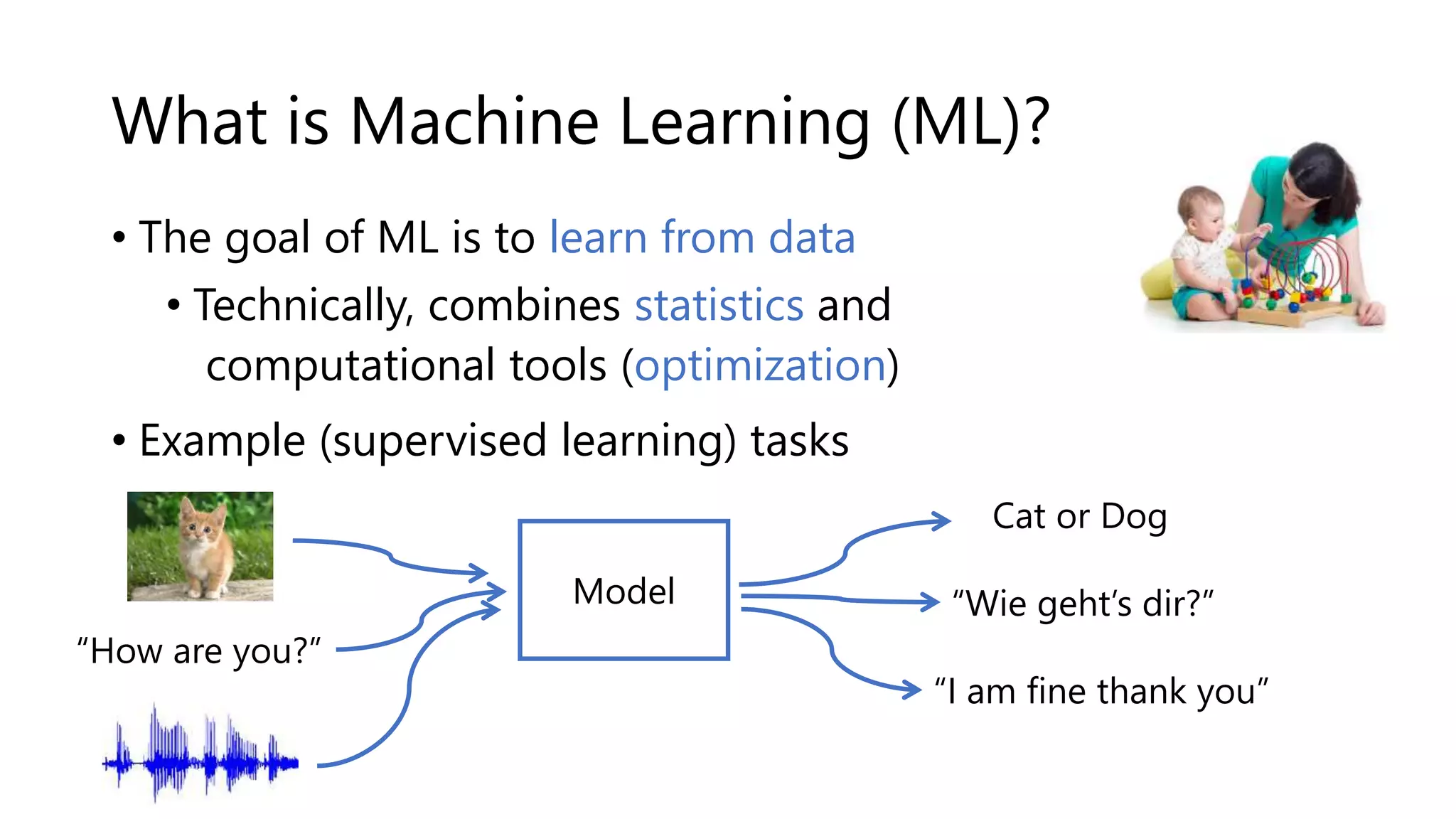 What is Machine Learning (ML)?
• The goal of ML is to learn from data ---->
• Technically, combines statistics and
computational tools (optimization)
• Example (supervised learning) tasks
Model
“How are you?”
“I am fine thank you”
Cat or Dog
“Wie geht’s dir?”
 