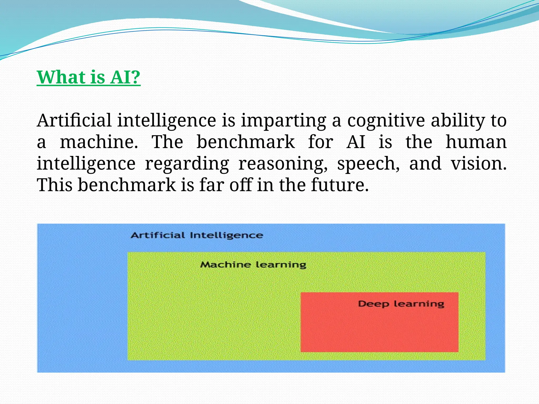 What is AI?
Artificial intelligence is imparting a cognitive ability to
a machine. The benchmark for AI is the human
intelligence regarding reasoning, speech, and vision.
This benchmark is far off in the future.
 