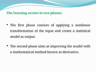 The learning occurs in two phases.
 The first phase consists of applying a nonlinear
transformation of the input and create a statistical
model as output.
 The second phase aims at improving the model with
a mathematical method known as derivative.
 