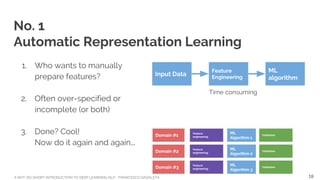 A NOT-SO-SHORT INTRODUCTION TO DEEP LEARNING NLP - FRANCESCO GADALETA
No. 1
Automatic Representation Learning
1. Who wants to manually
prepare features?
2. Often over-specified or
incomplete (or both)
3. Done? Cool!
Now do it again and again...
Input Data
Feature
Engineering
ML
algorithm
Time consuming
ML
Algorithm 1
ML
Algorithm 2
ML
Algorithm 3
Domain #1
Domain #2
Domain #3
Validation
Validation
Validation
18
Feature
engineering
Feature
engineering
Feature
engineering
 