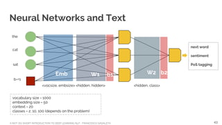 A NOT-SO-SHORT INTRODUCTION TO DEEP LEARNING NLP - FRANCESCO GADALETA
Neural Networks and Text
the
cat
sat
b=+1
W1 W2b1 b2Emb
<vocsize, embsize> <hidden, class><hidden, hidden>
vocabulary size = 1000
embedding size = 50
context = 20
classes = 2, 10, 100 (depends on the problem)
next word
sentiment
PoS tagging
43
 