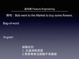 這叫做 Feature Engineering
Bag-of-word
N-gram
例句：Bob went to the Market to buy some flowers.
[1, 1, 2, 1, 1, 1, 1, 1, 0, 0, 0]
["Bo", "ob", "b ", " w", "we", "en", ..., "me", "e "," f", "fl", "lo", "ow", "we", "er", "rs"]
缺點在於
1. 太過消耗資源
2.需要專家且經驗不易複製
 
