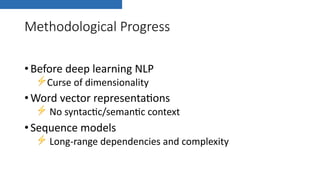 Methodological Progress
•Before deep learning NLP
⚡Curse of dimensionality
•Word vector representa:ons
⚡ No syntac:c/seman:c context
•Sequence models
⚡ Long-range dependencies and complexity
 
