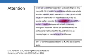 Attention
K. M. Hermann et al., “Teaching Machines to Read and
Comprehend,” arXiv:1506.03340 [cs], Jun. 2015.
 
